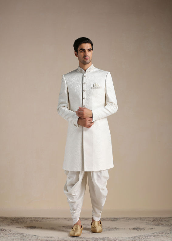 Manyavar Men Off White Medallion Patterened Brocade Indo Western Set