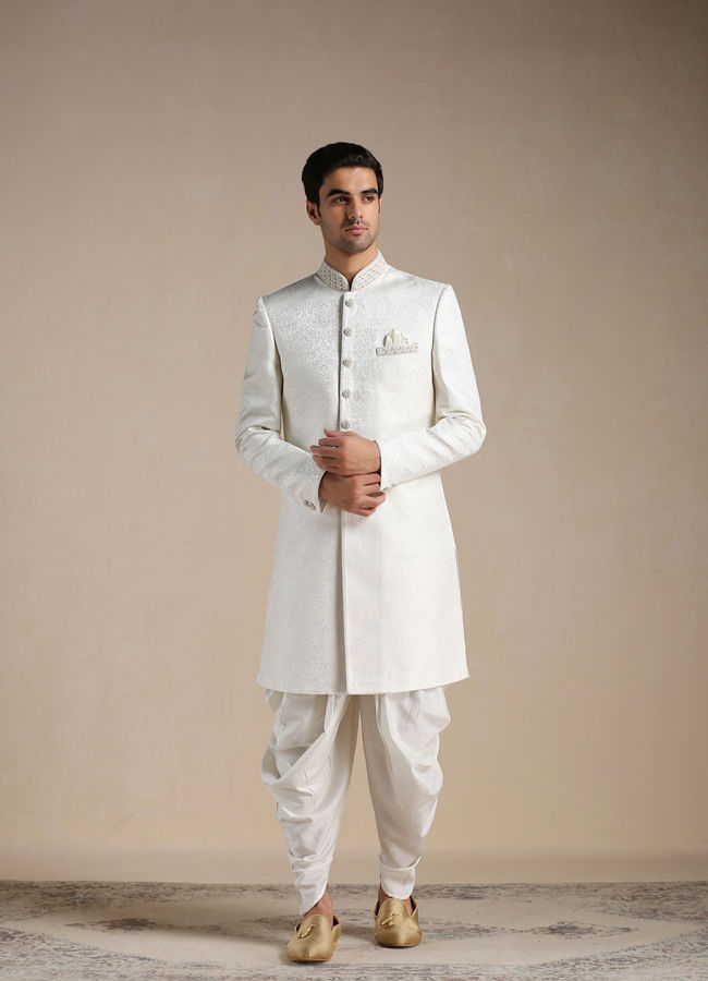 alt message - Manyavar Men Off White Medallion Patterened Brocade Indo Western Set image number 1