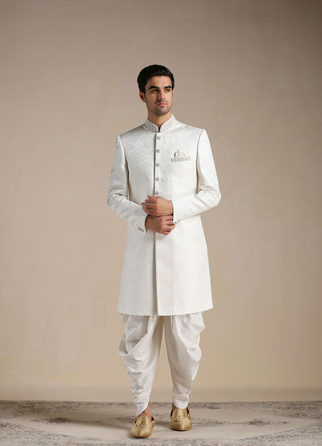 Manyavar Men Off White Medallion Patterened Brocade Indo Western Set