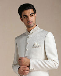 Manyavar Men Off White Medallion Patterened Brocade Indo Western Set