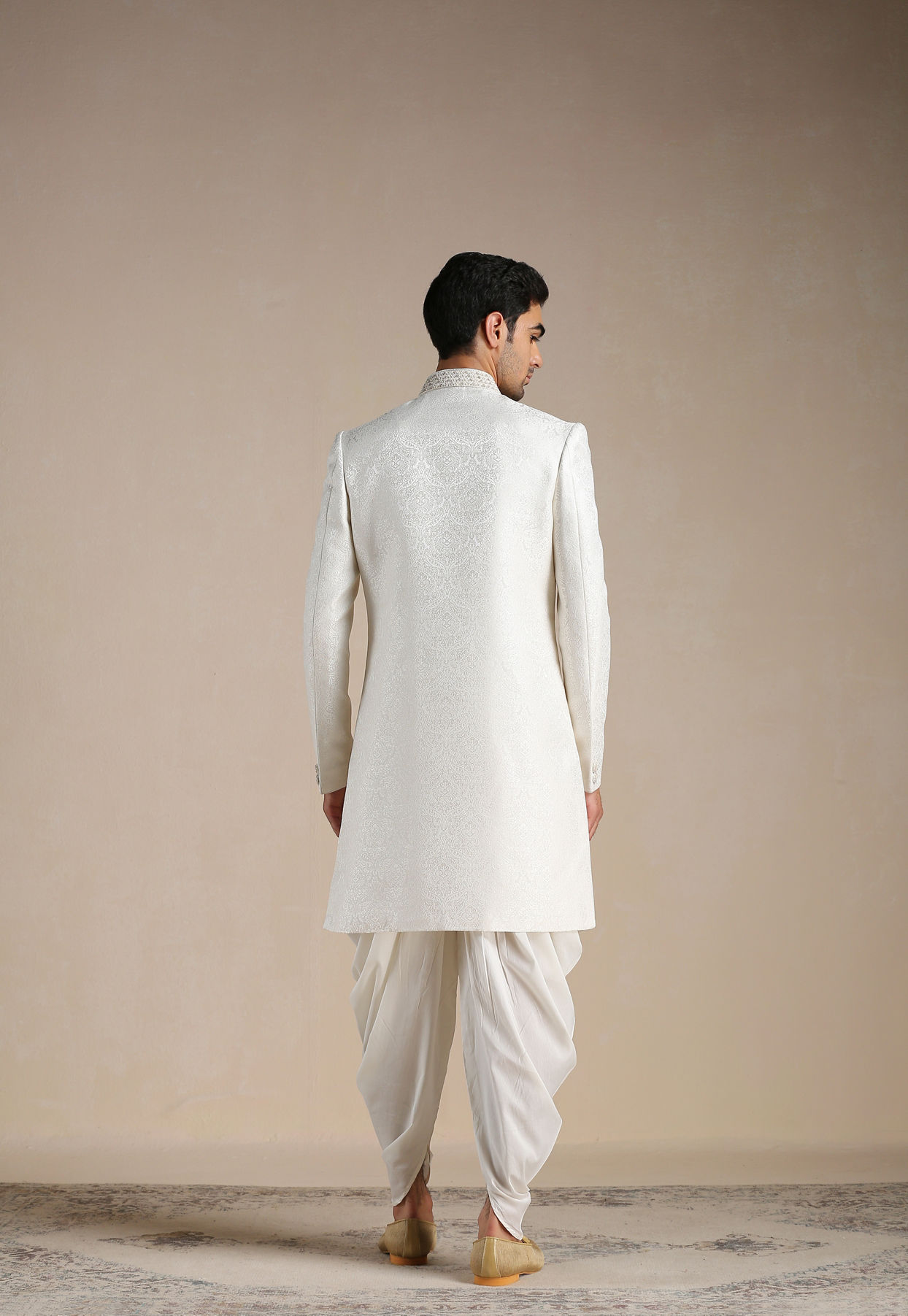 Manyavar Men Off White Medallion Patterened Brocade Indo Western Set