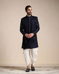 Manyavar Men Navy Blue Sequined Chikankari Indo Western Set