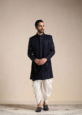 alt message - Manyavar Men Navy Blue Sequined Chikankari Indo Western Set image number 1