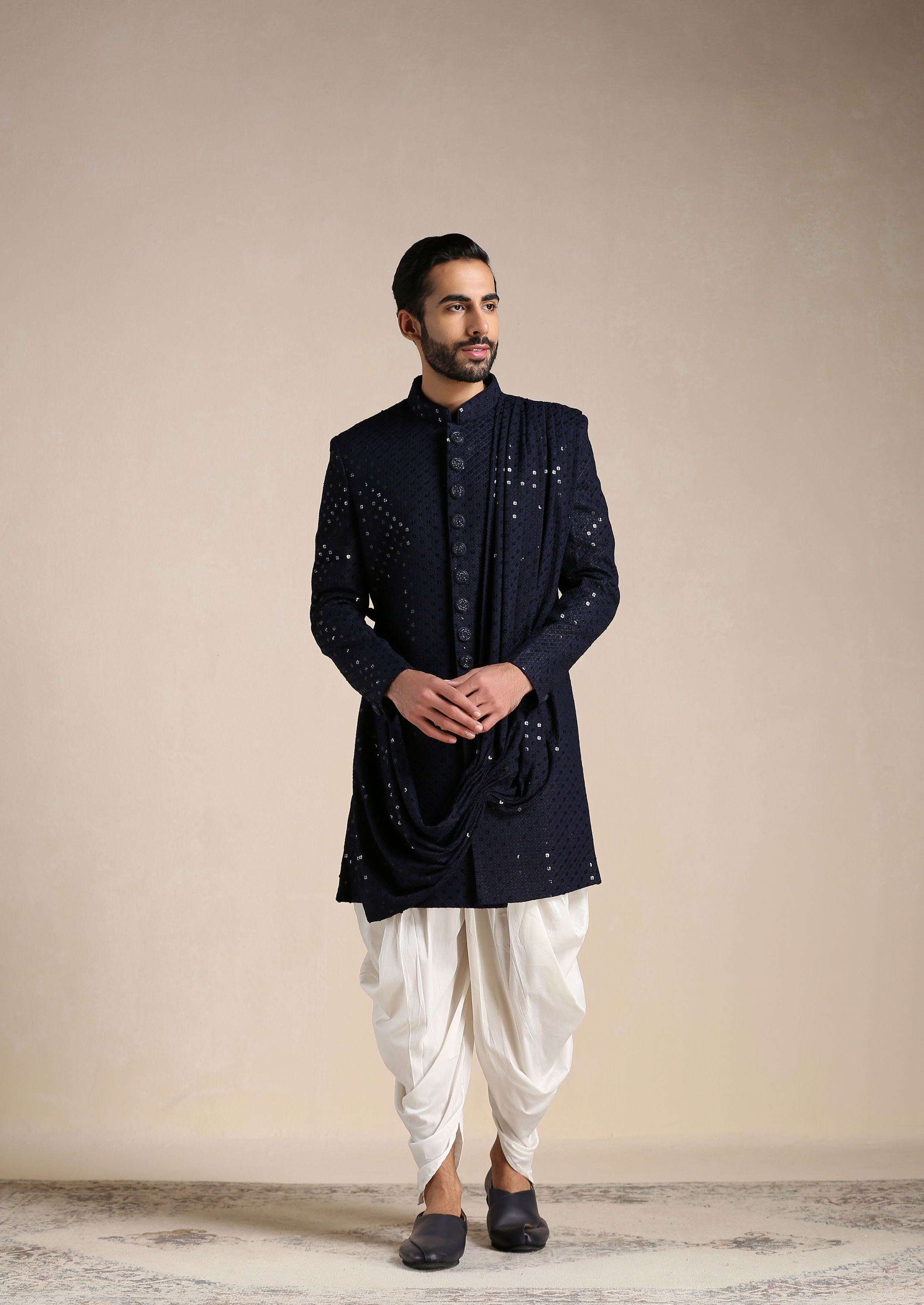 Manyavar Men Navy Blue Sequined Chikankari Indo Western Set