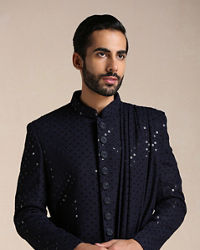 Manyavar Men Navy Blue Sequined Chikankari Indo Western Set