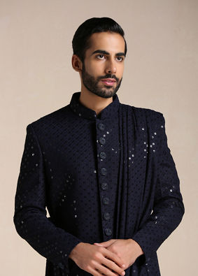 alt message - Manyavar Men Navy Blue Sequined Chikankari Indo Western Set image number 0