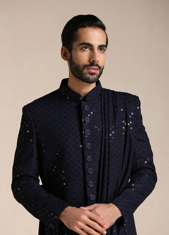 Manyavar Men Navy Blue Sequined Chikankari Indo Western Set