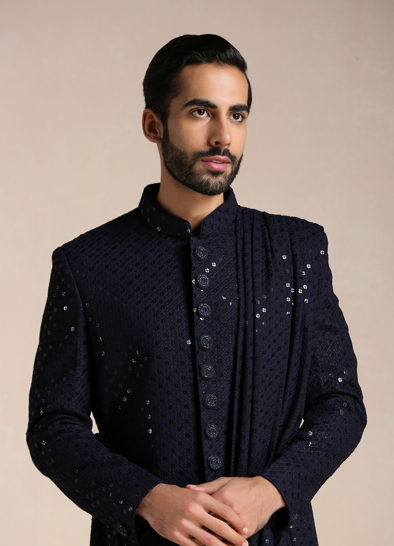 Manyavar Men Navy Blue Sequined Chikankari Indo Western Set