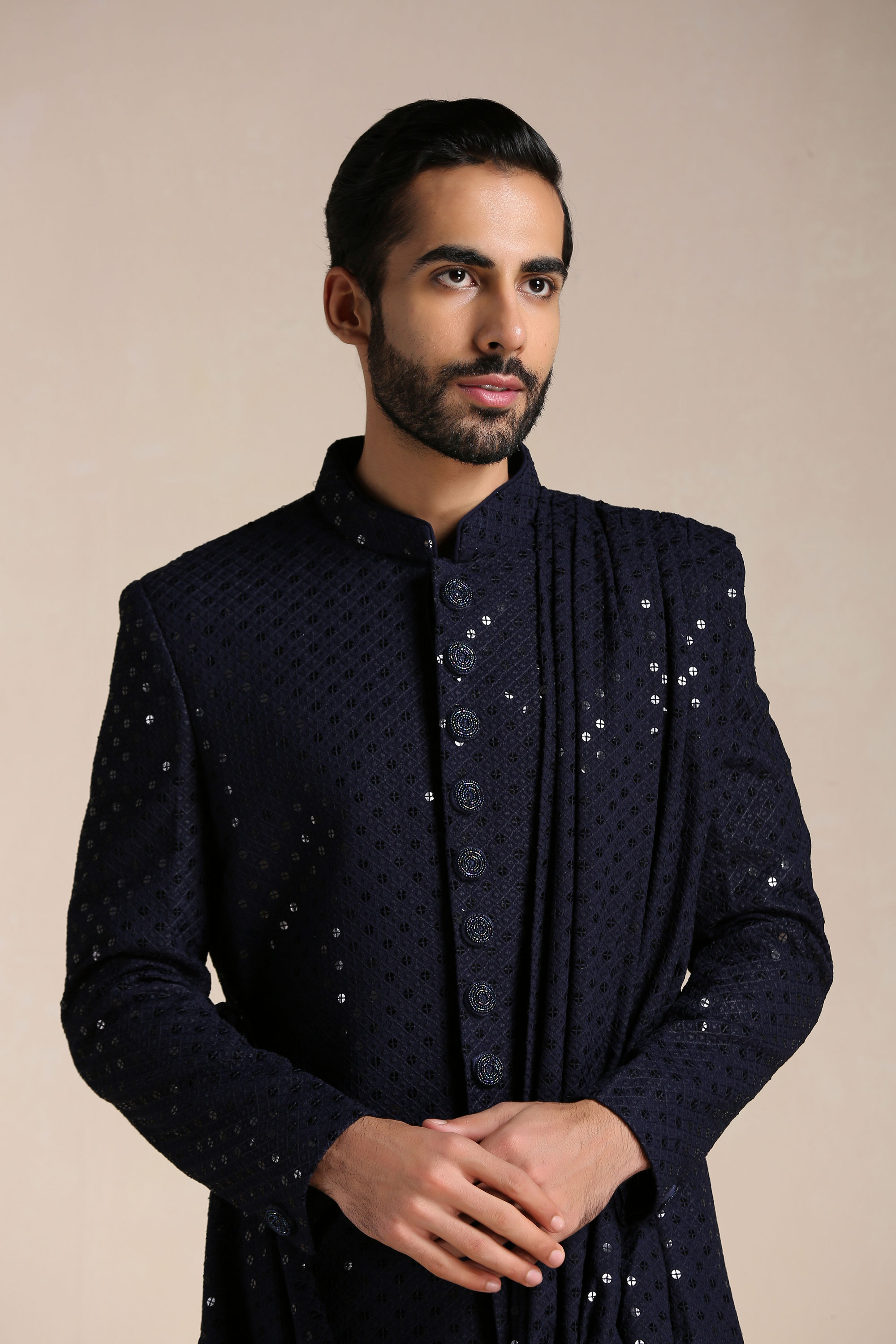 Manyavar Men Navy Blue Sequined Chikankari Indo Western Set