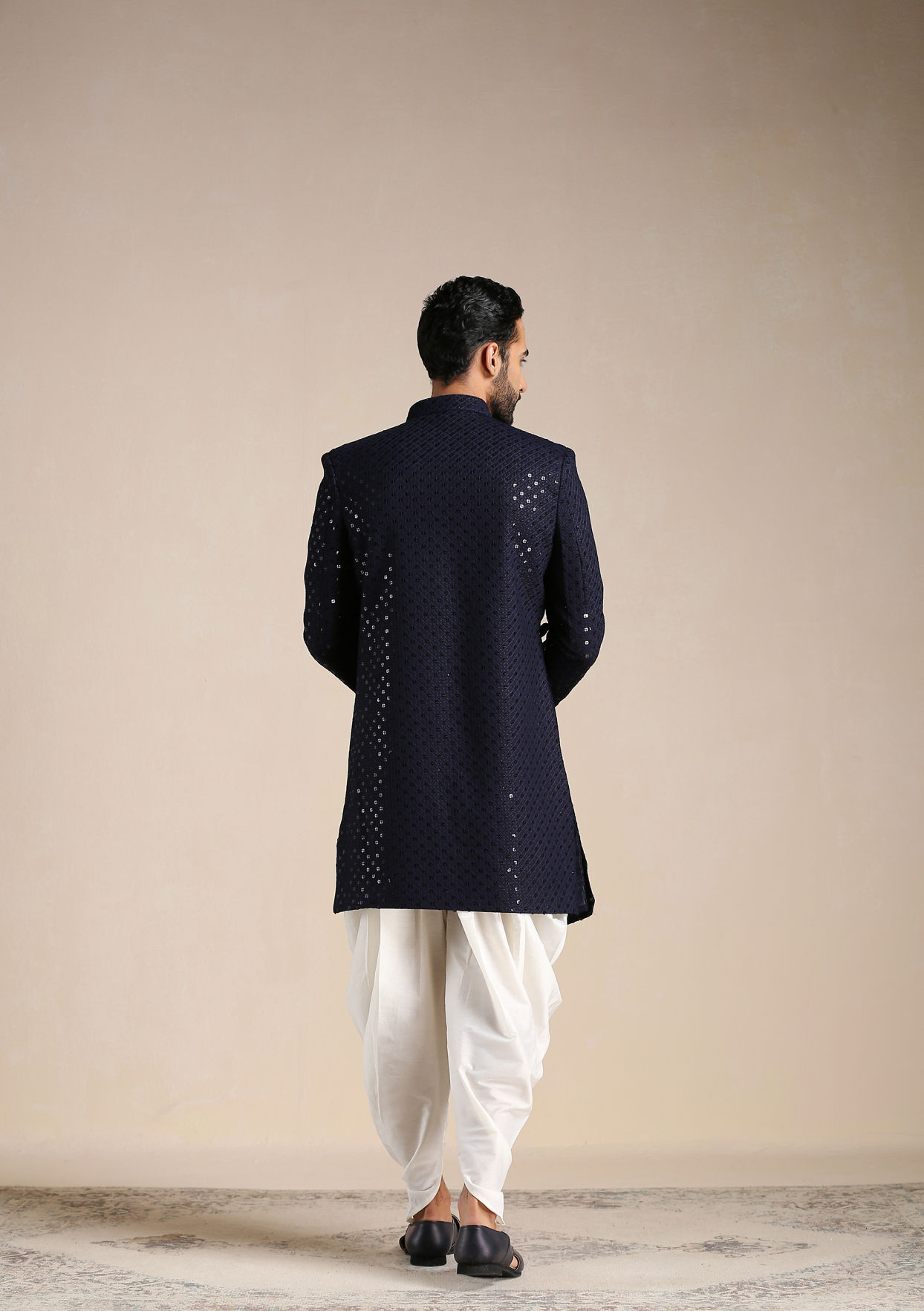 Manyavar Men Navy Blue Sequined Chikankari Indo Western Set