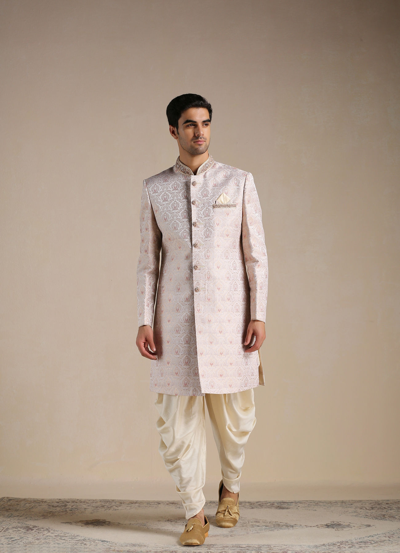 Manyavar Men Primrose Pink Floral Patterned Brocade Indo Western Set