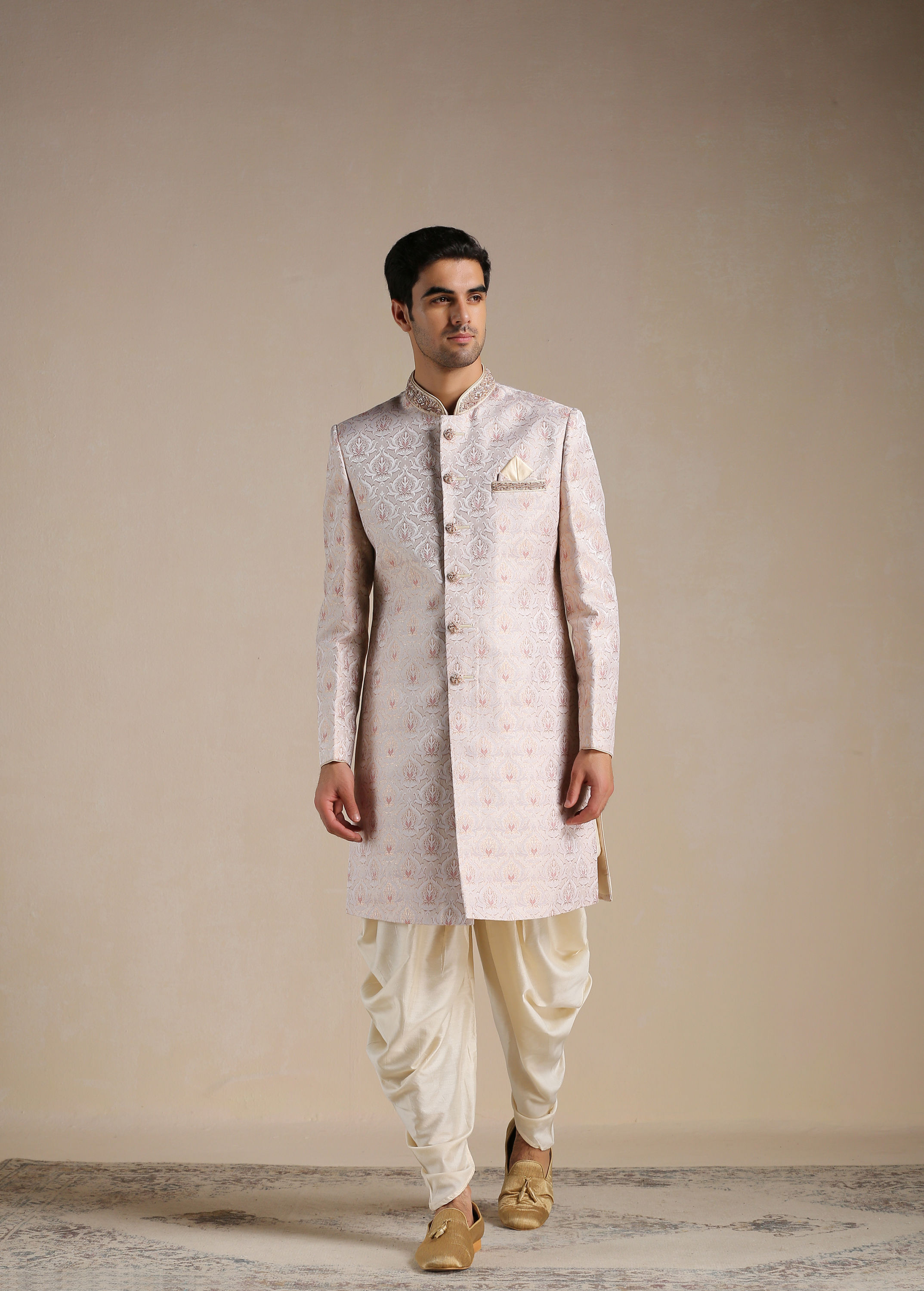 Manyavar Men Primrose Pink Floral Patterned Brocade Indo Western Set