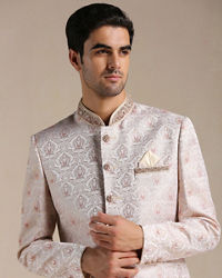 Manyavar Men Primrose Pink Floral Patterned Brocade Indo Western Set