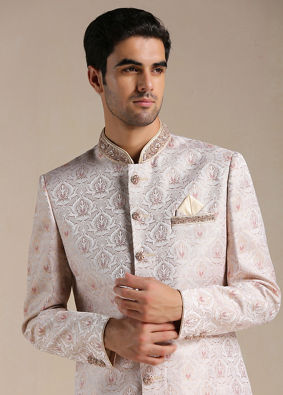 Manyavar Men Primrose Pink Floral Patterned Brocade Indo Western Set