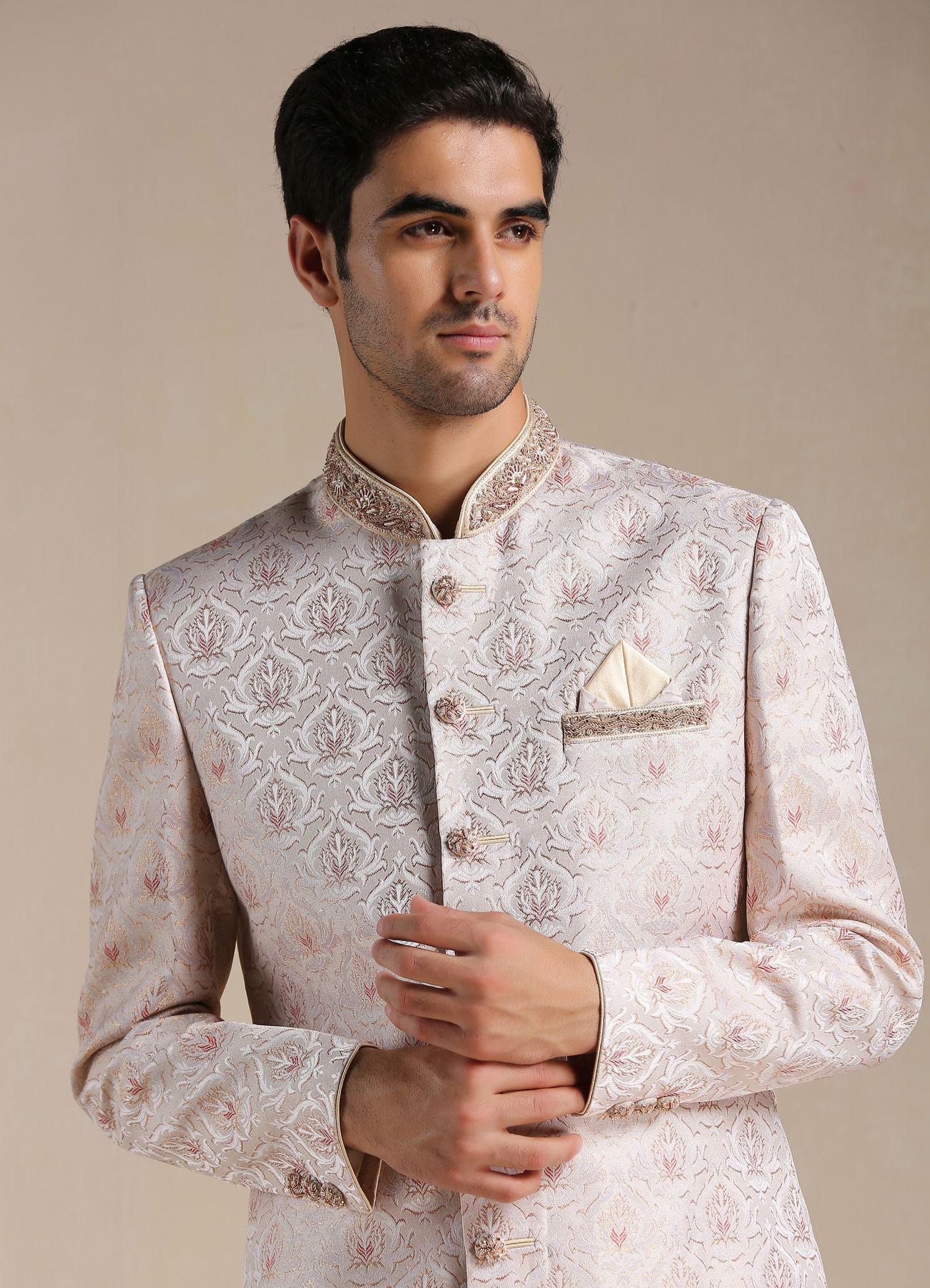 Manyavar Men Primrose Pink Floral Patterned Brocade Indo Western Set