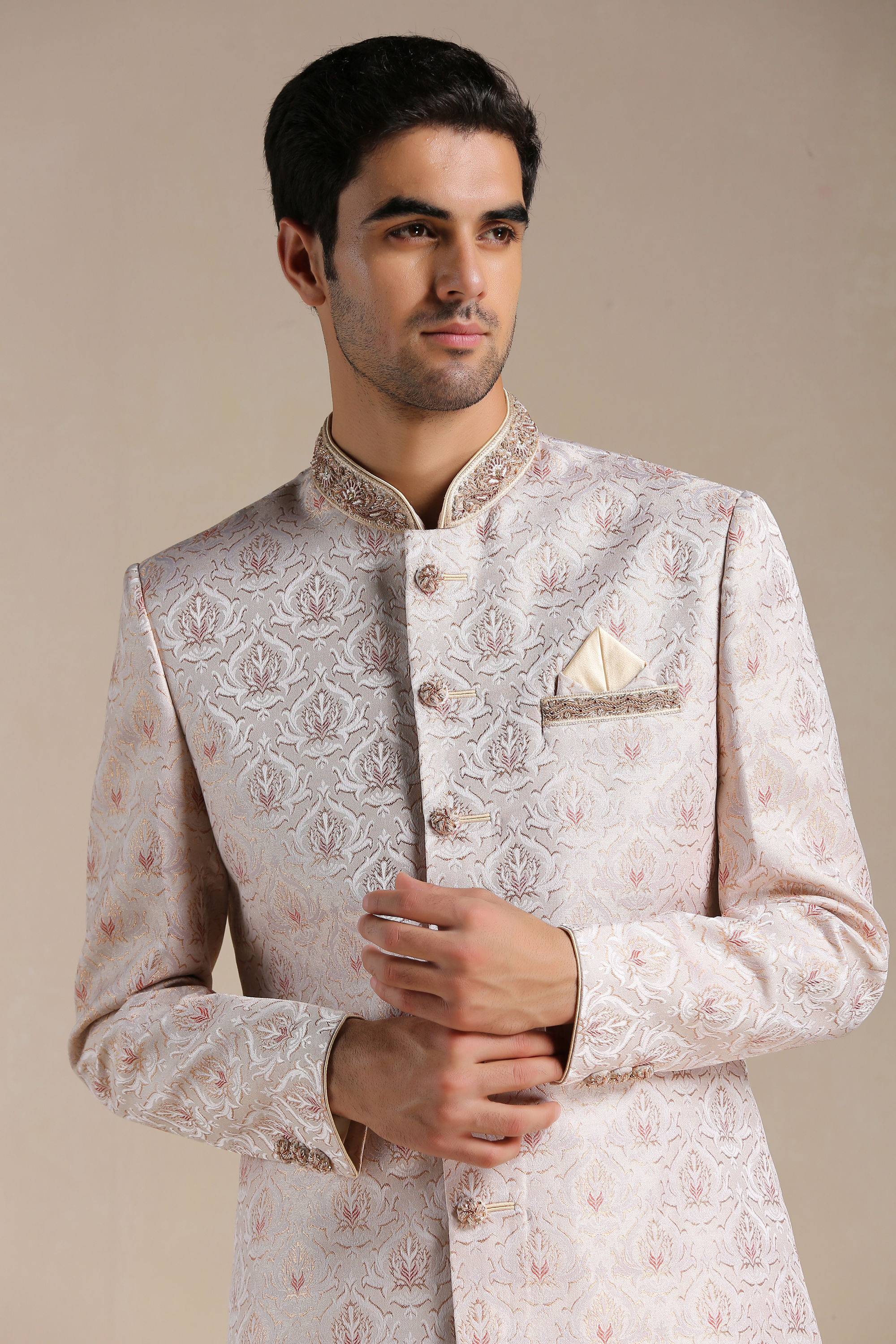 Manyavar Men Primrose Pink Floral Patterned Brocade Indo Western Set