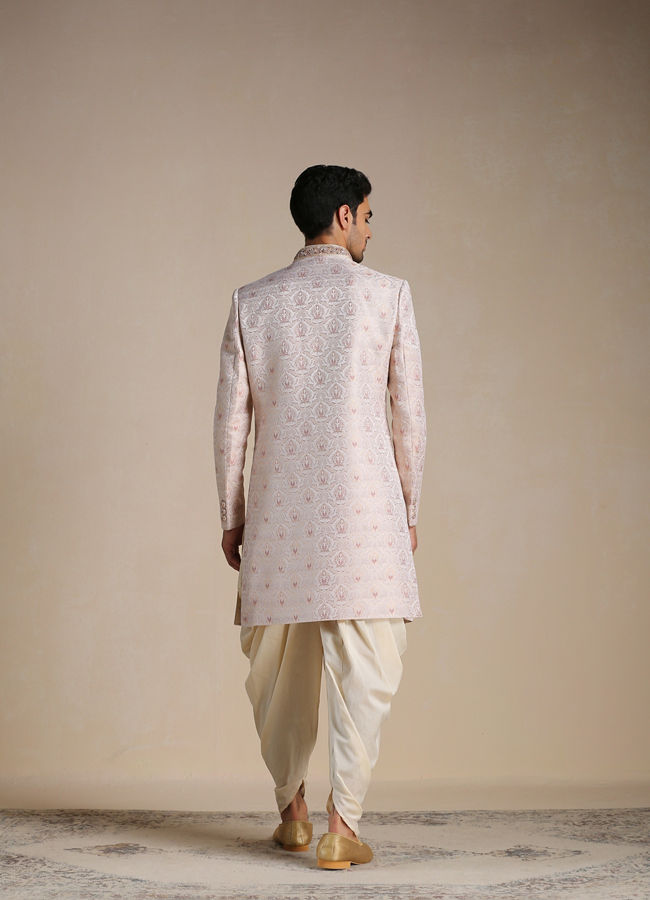 Manyavar Men Primrose Pink Floral Patterned Brocade Indo Western Set