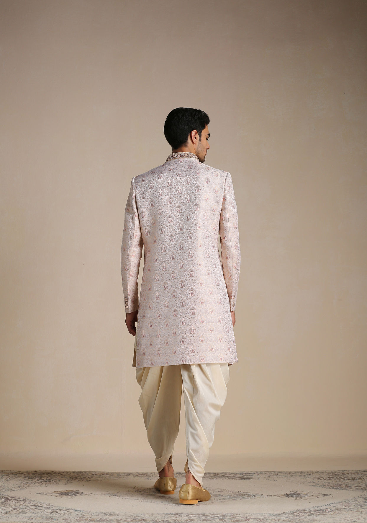 Manyavar Men Primrose Pink Floral Patterned Brocade Indo Western Set