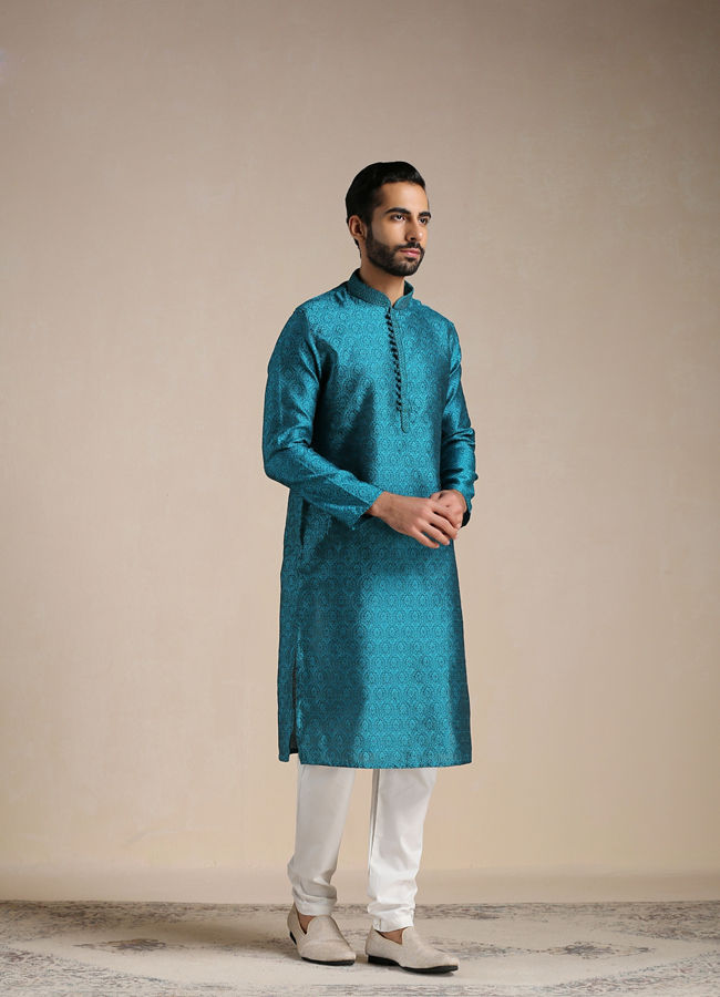 Peacock Blue Jacquard Patterned Kurta Set image number 1