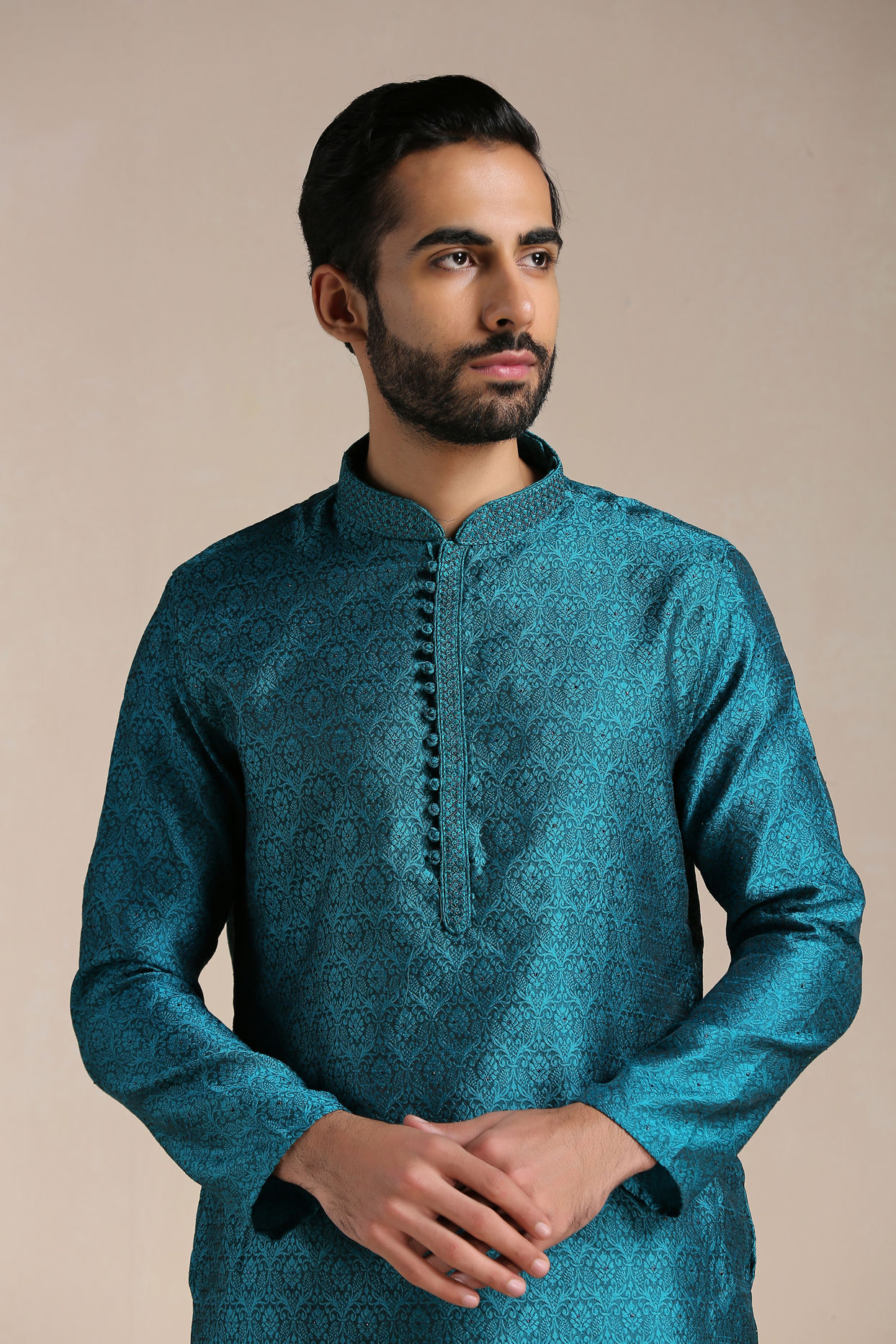 Buy Peacock Blue Jacquard Patterned Kurta Set Online in India Manyavar
