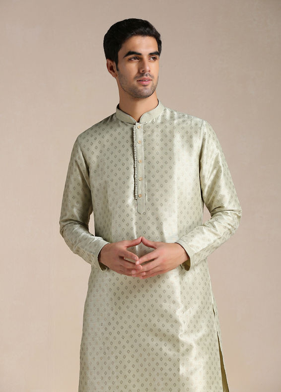 Manyavar Men Pista Green Foil Print Kurta Set