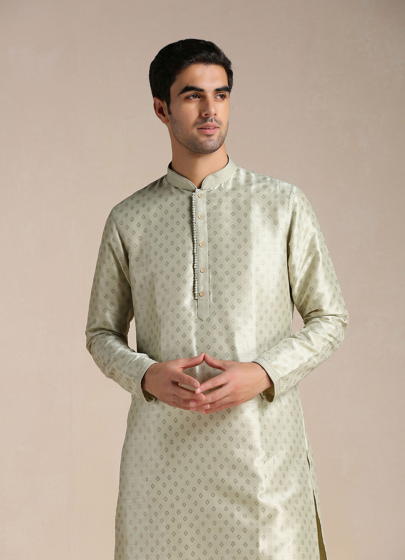 Manyavar Men Pista Green Foil Print Kurta Set