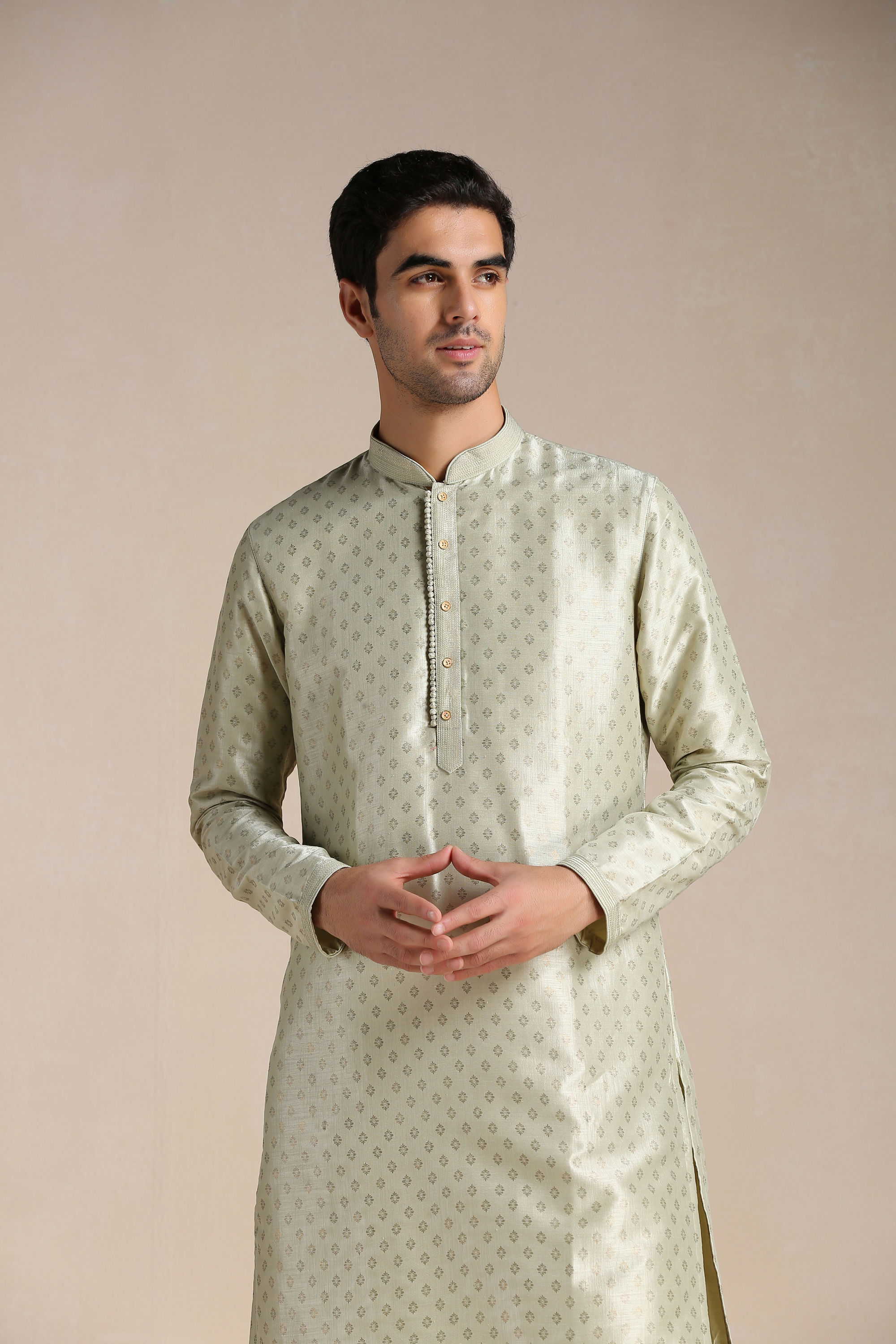 Manyavar Men Pista Green Foil Print Kurta Set