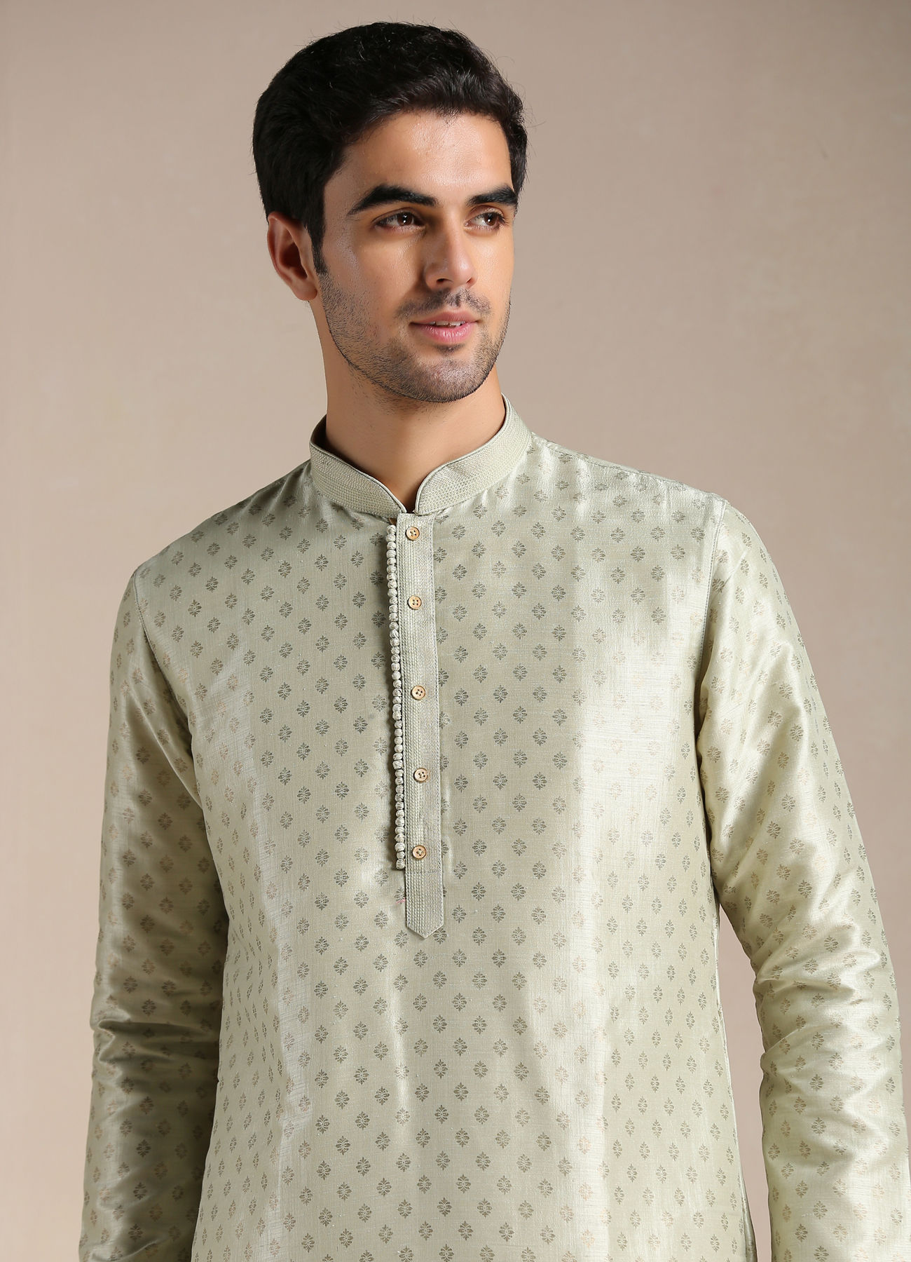 Manyavar Men Pista Green Foil Print Kurta Set