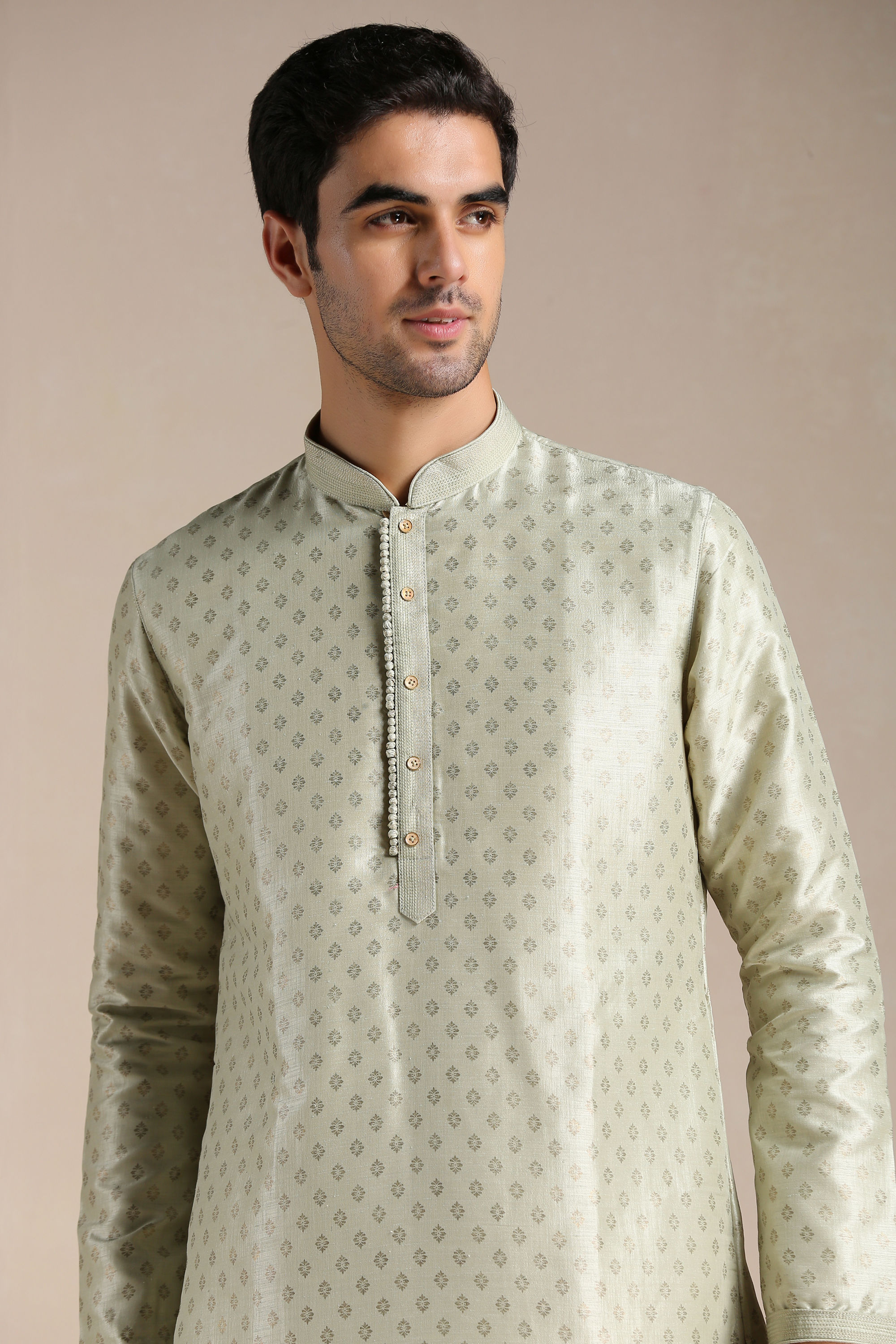 Manyavar Men Pista Green Foil Print Kurta Set