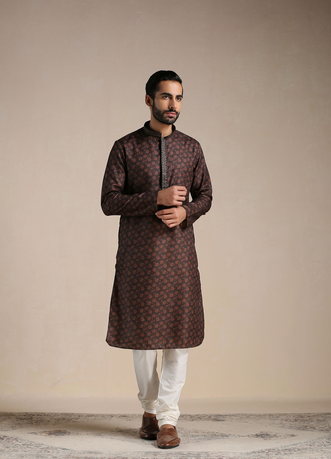 Manyavar Men Anthracite Black Printed Kurta Set