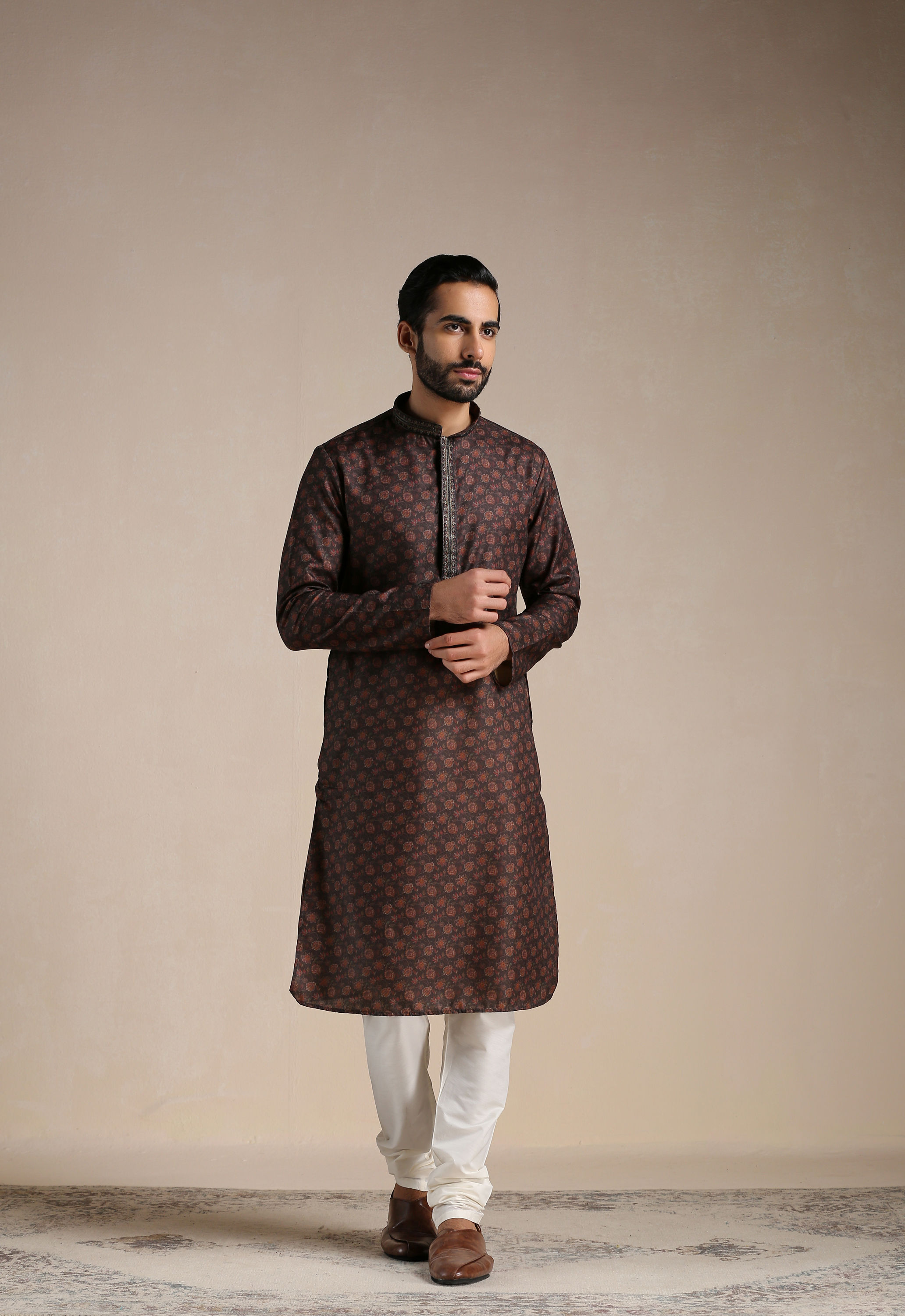 Manyavar Men Anthracite Black Printed Kurta Set