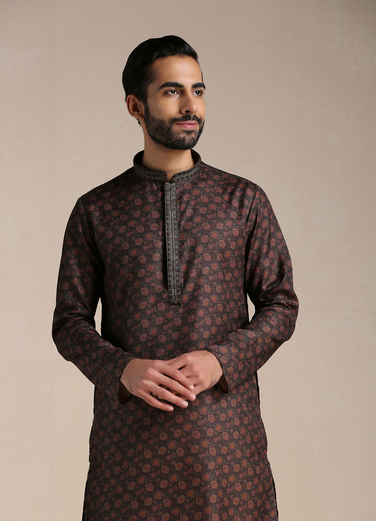 Manyavar Men Anthracite Black Printed Kurta Set