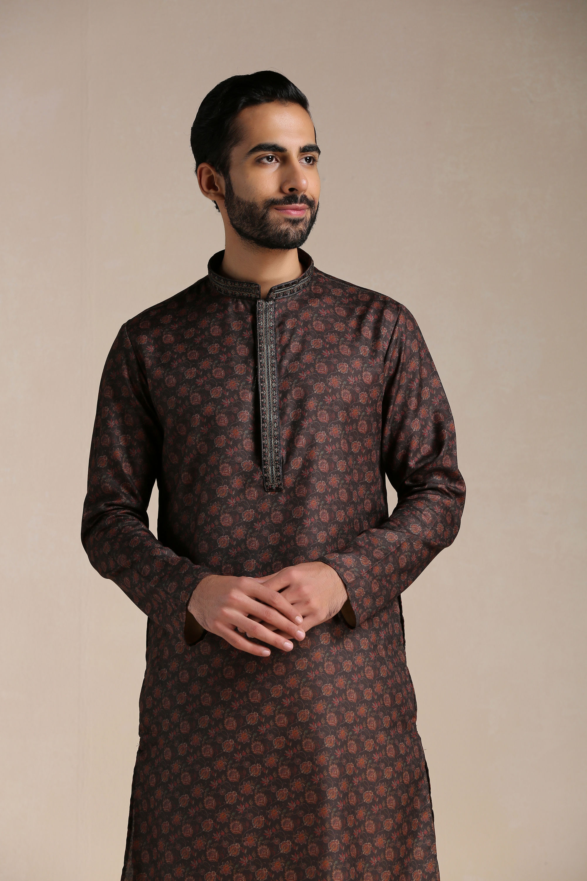 Manyavar Men Anthracite Black Printed Kurta Set