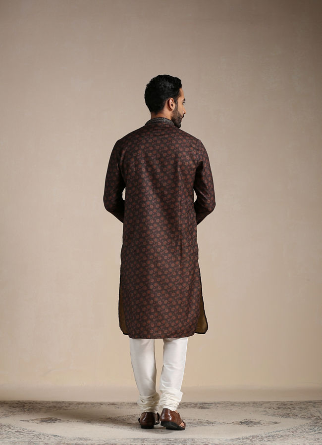 Manyavar Men Anthracite Black Printed Kurta Set