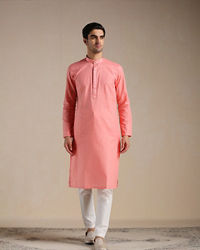 Manyavar Men Coral Pink Mandarin Collared Kurta Set