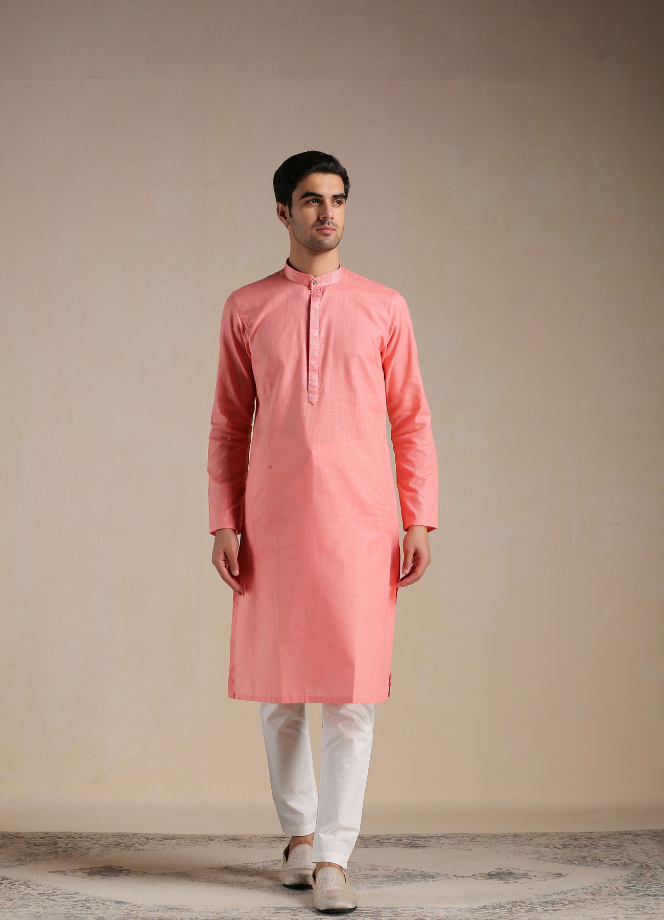 Manyavar Men Coral Pink Mandarin Collared Kurta Set