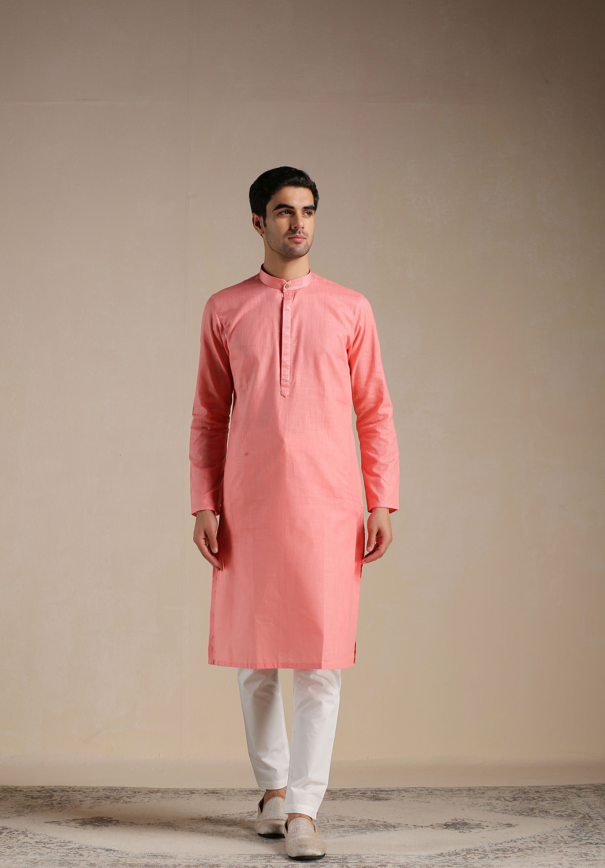 Manyavar Men Coral Pink Mandarin Collared Kurta Set