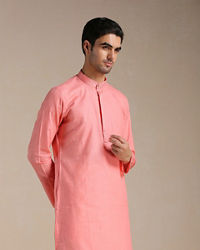 Manyavar Men Coral Pink Mandarin Collared Kurta Set