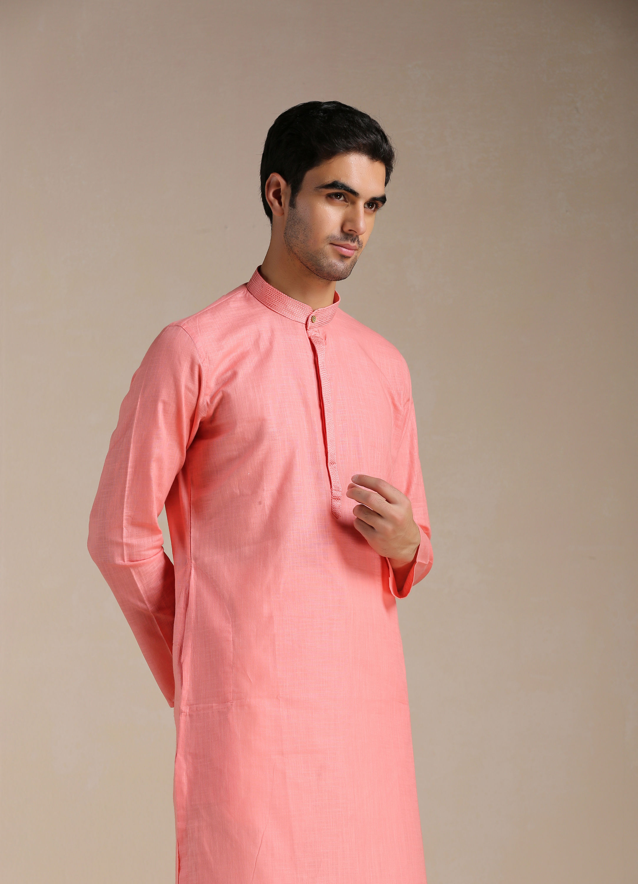 Manyavar Men Coral Pink Mandarin Collared Kurta Set