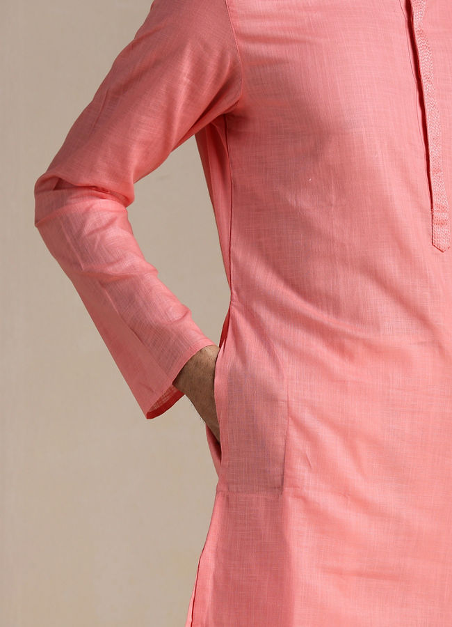 alt message - Manyavar Men Coral Pink Mandarin Collared Kurta Set image number 2