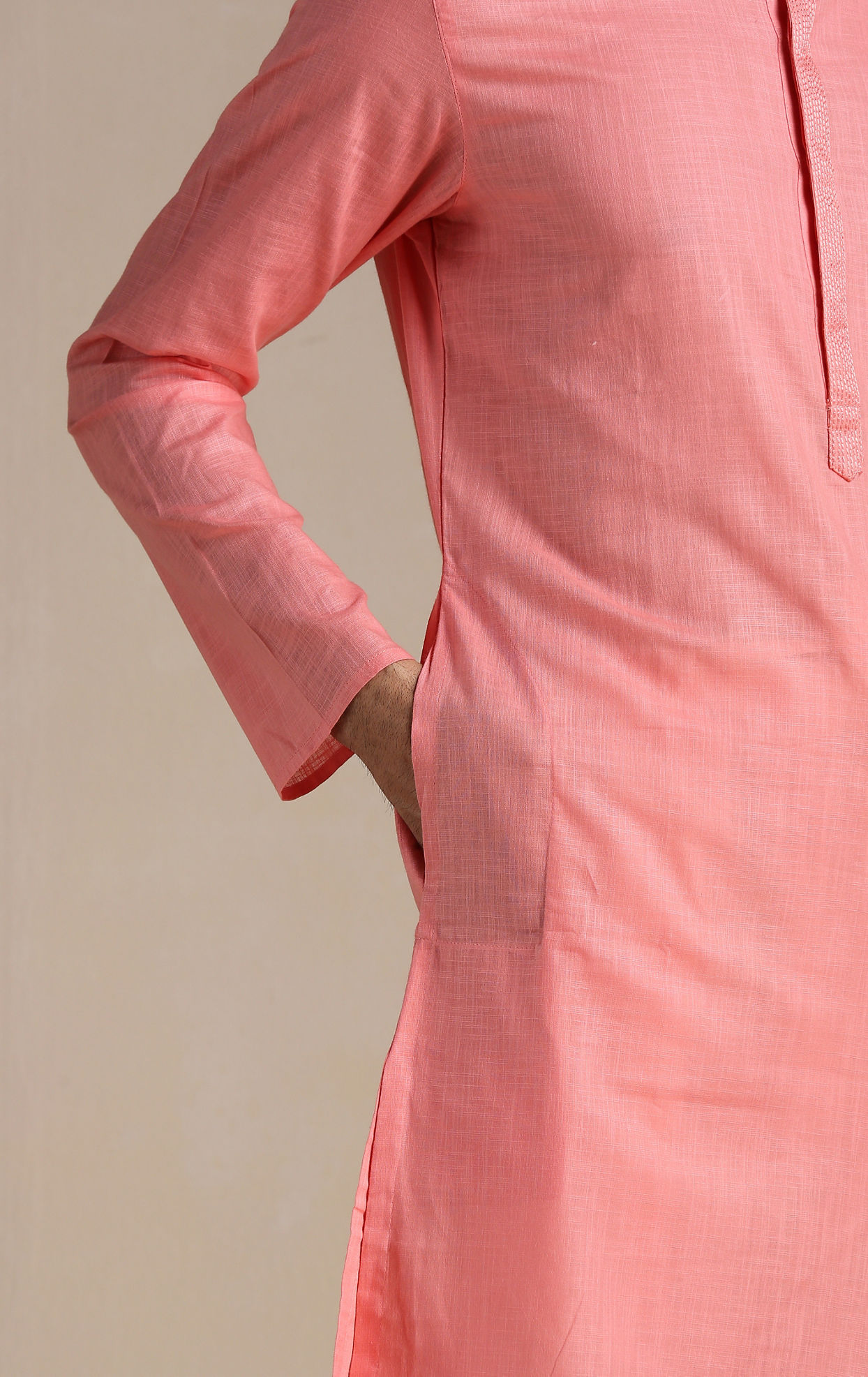 alt message - Manyavar Men Coral Pink Mandarin Collared Kurta Set image number 2