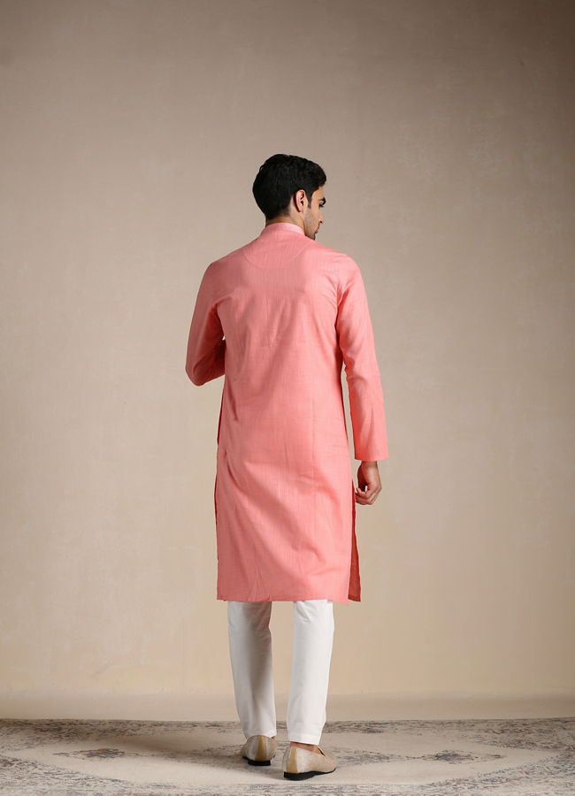 Manyavar Men Coral Pink Mandarin Collared Kurta Set