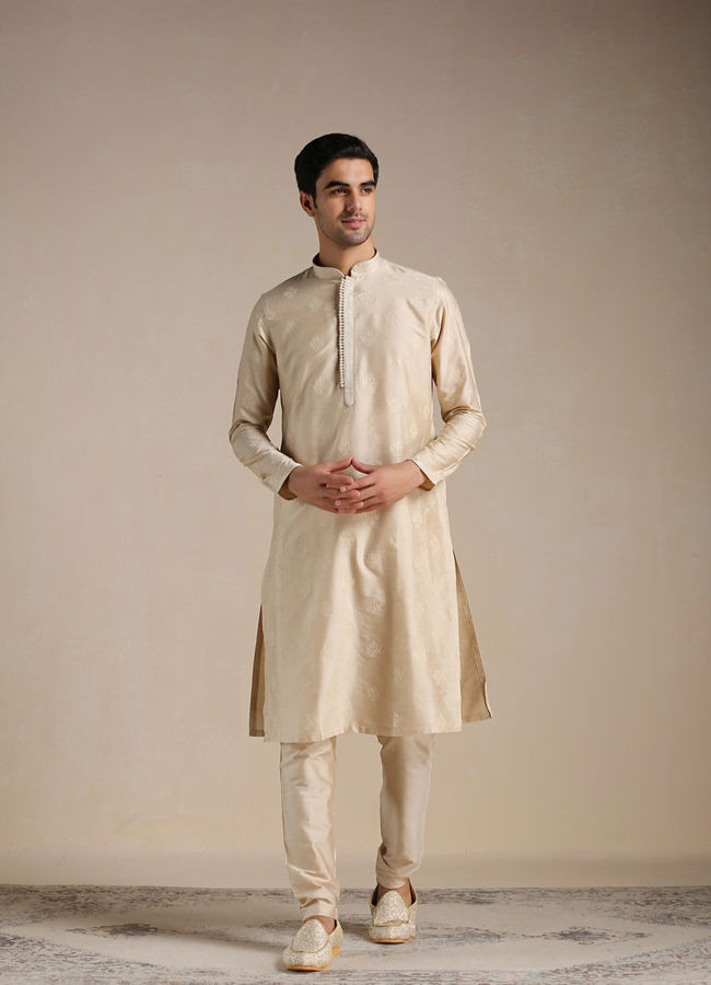 Manyavar Men Rose Beige Motif Kurta Set