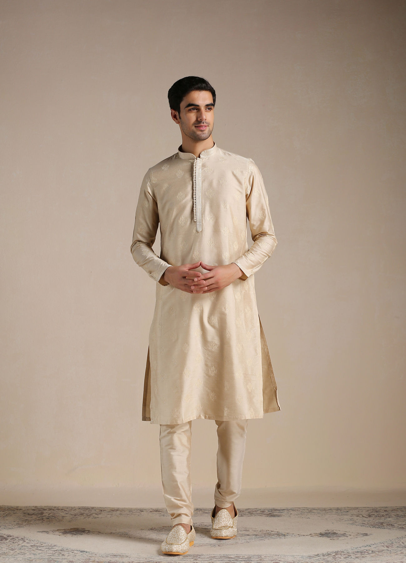 Manyavar Men Rose Beige Motif Kurta Set