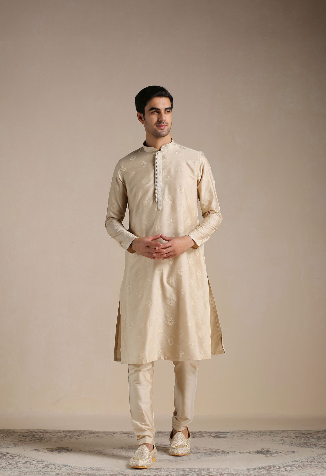 Manyavar Men Rose Beige Motif Kurta Set