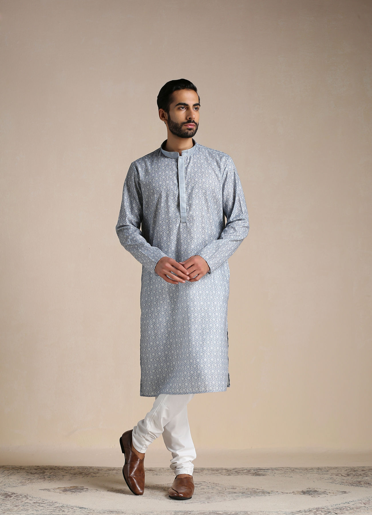 Manyavar Men Cool Grey Printed Kurta Set