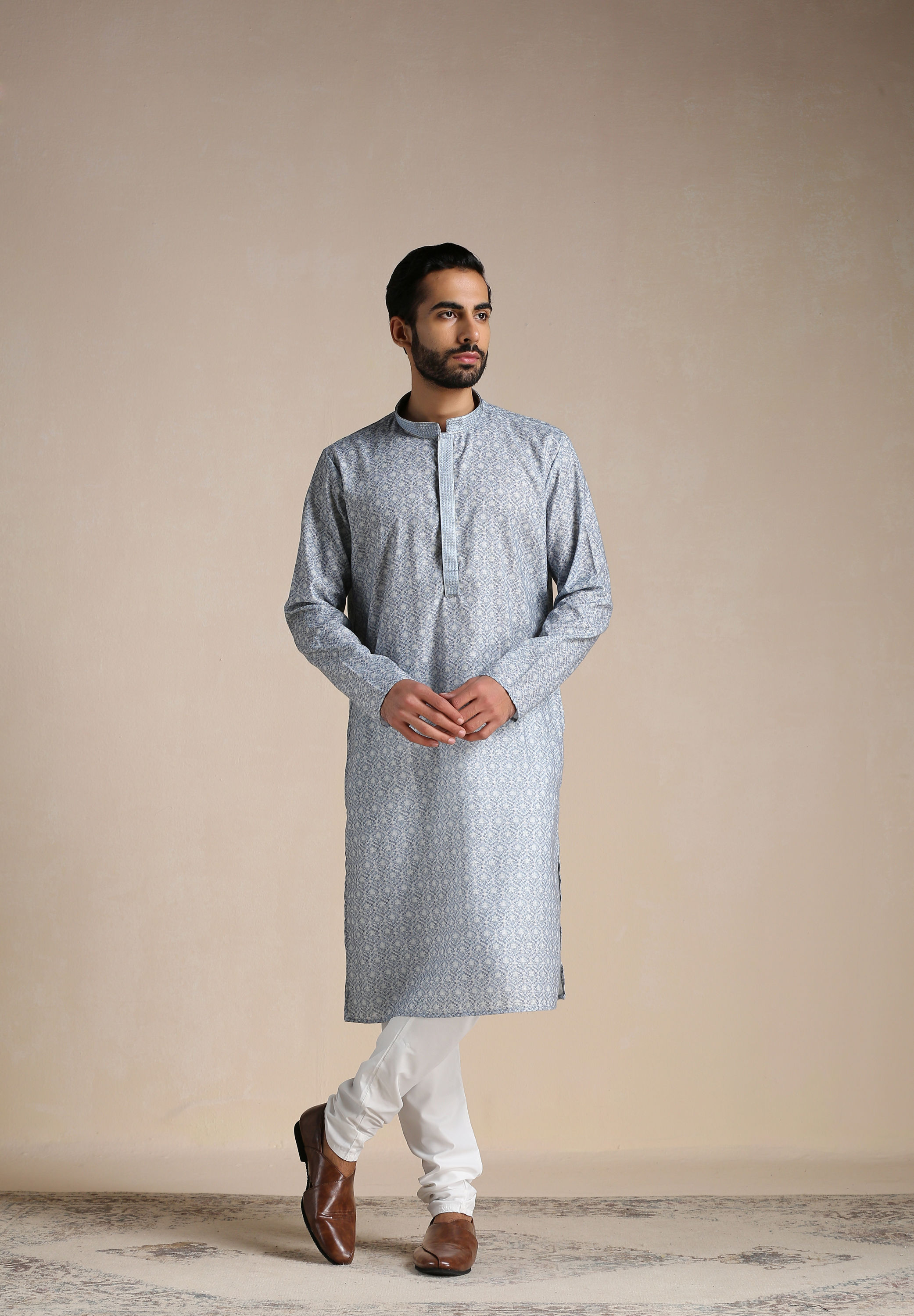 Manyavar Men Cool Grey Printed Kurta Set