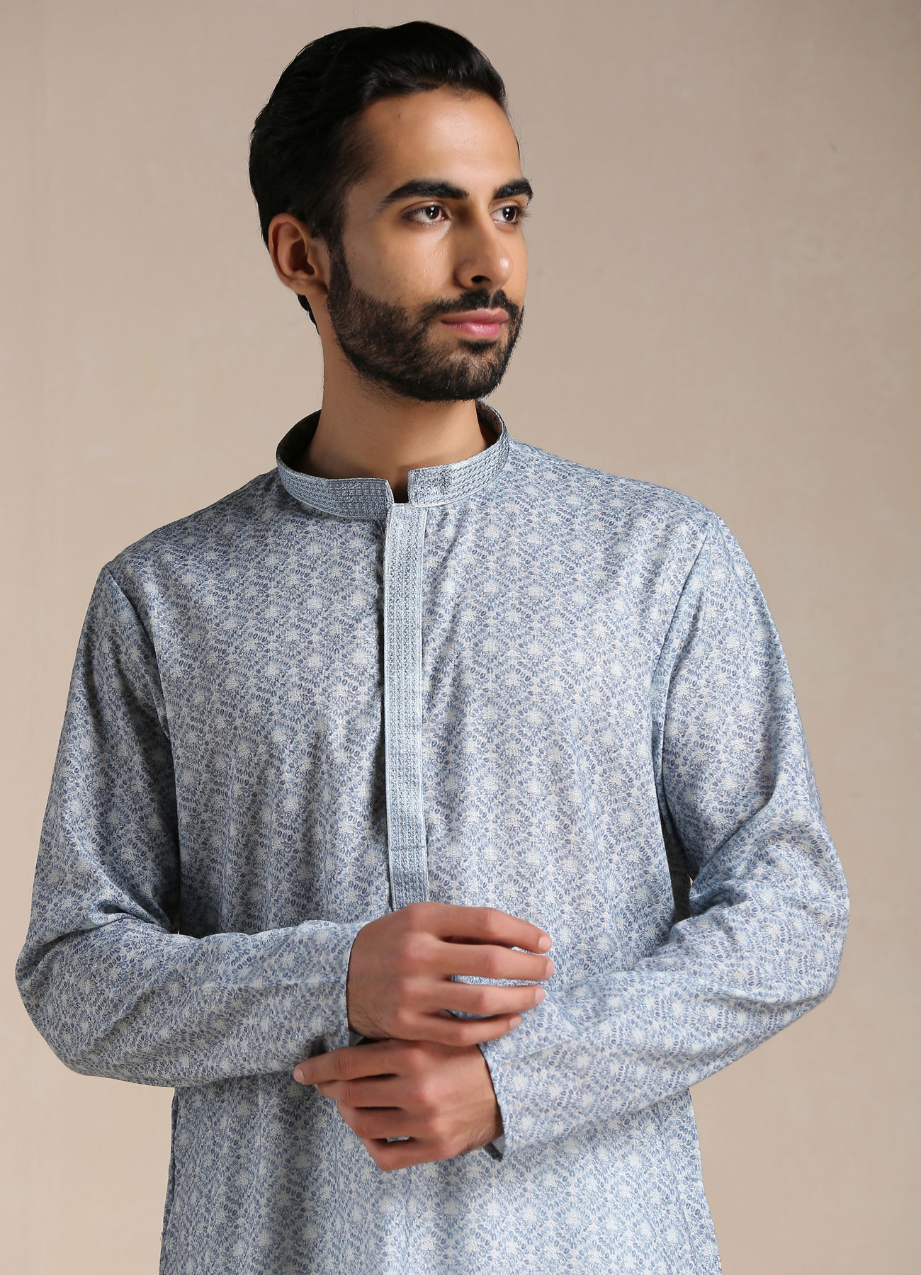 Manyavar Men Cool Grey Printed Kurta Set