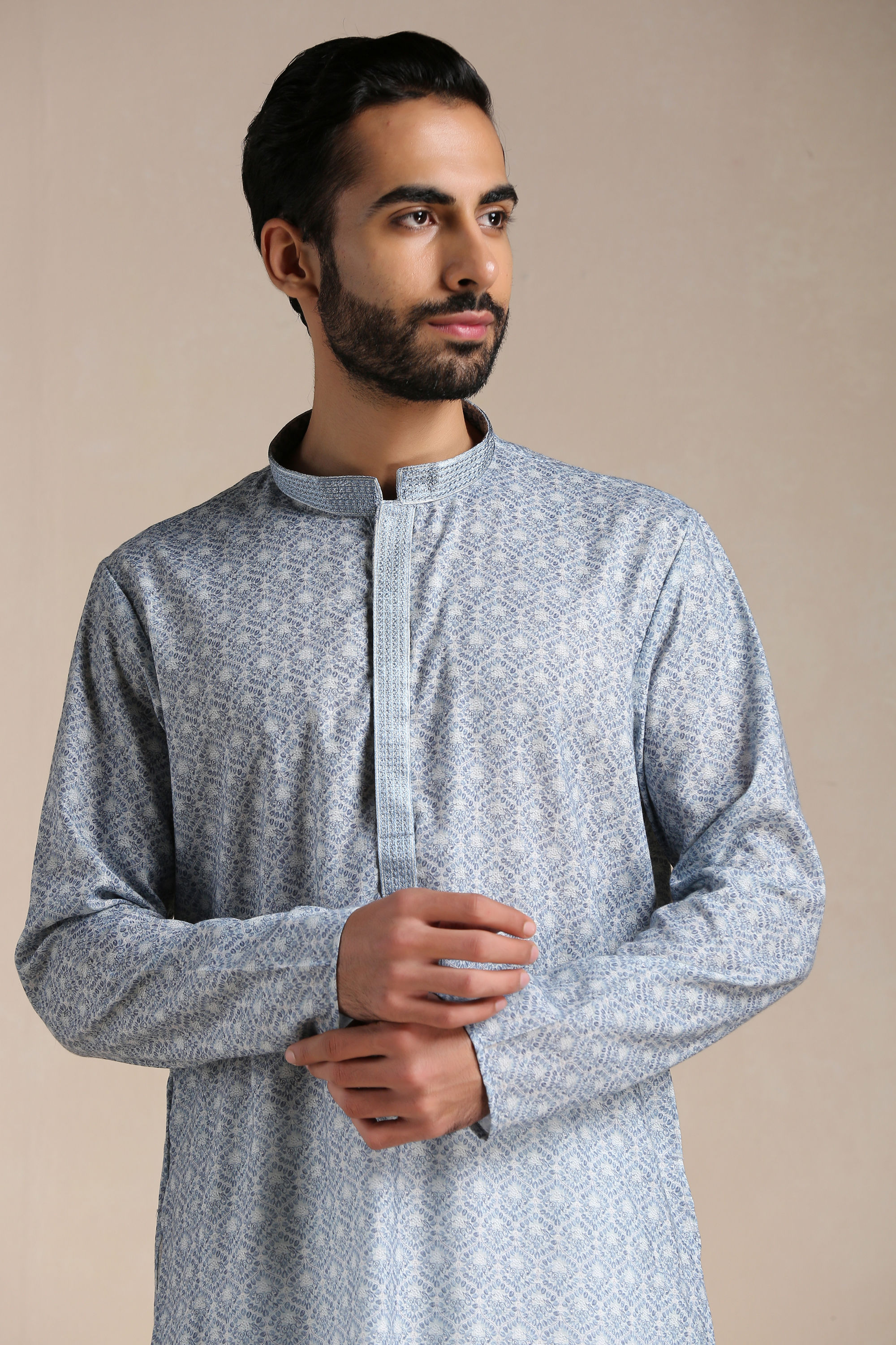 Manyavar Men Cool Grey Printed Kurta Set