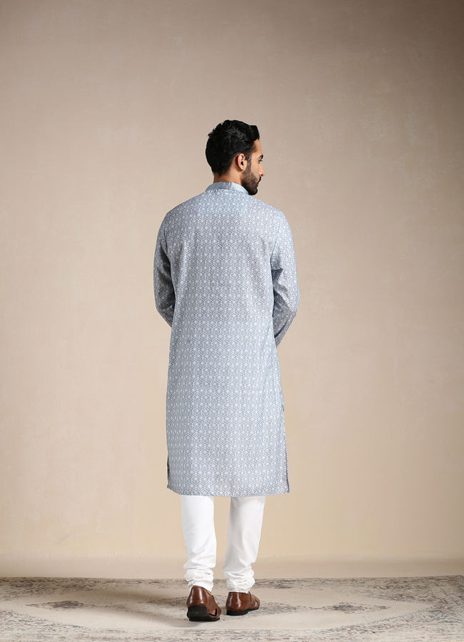 Manyavar Men Cool Grey Printed Kurta Set